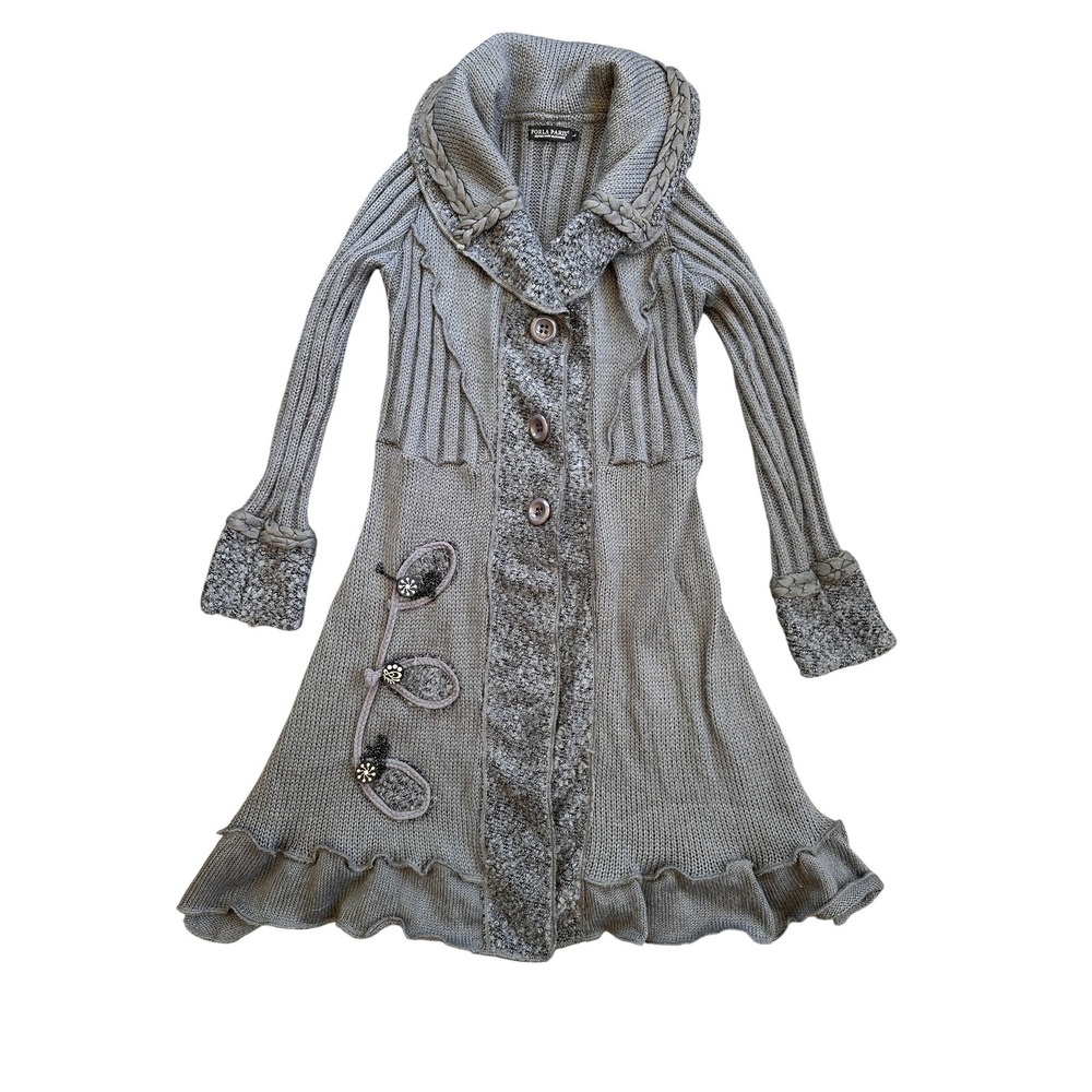 Forla Paris Cardigan Sweater Wmns Large Gray Ruffle Knit Longline‎ Wool Blend EX